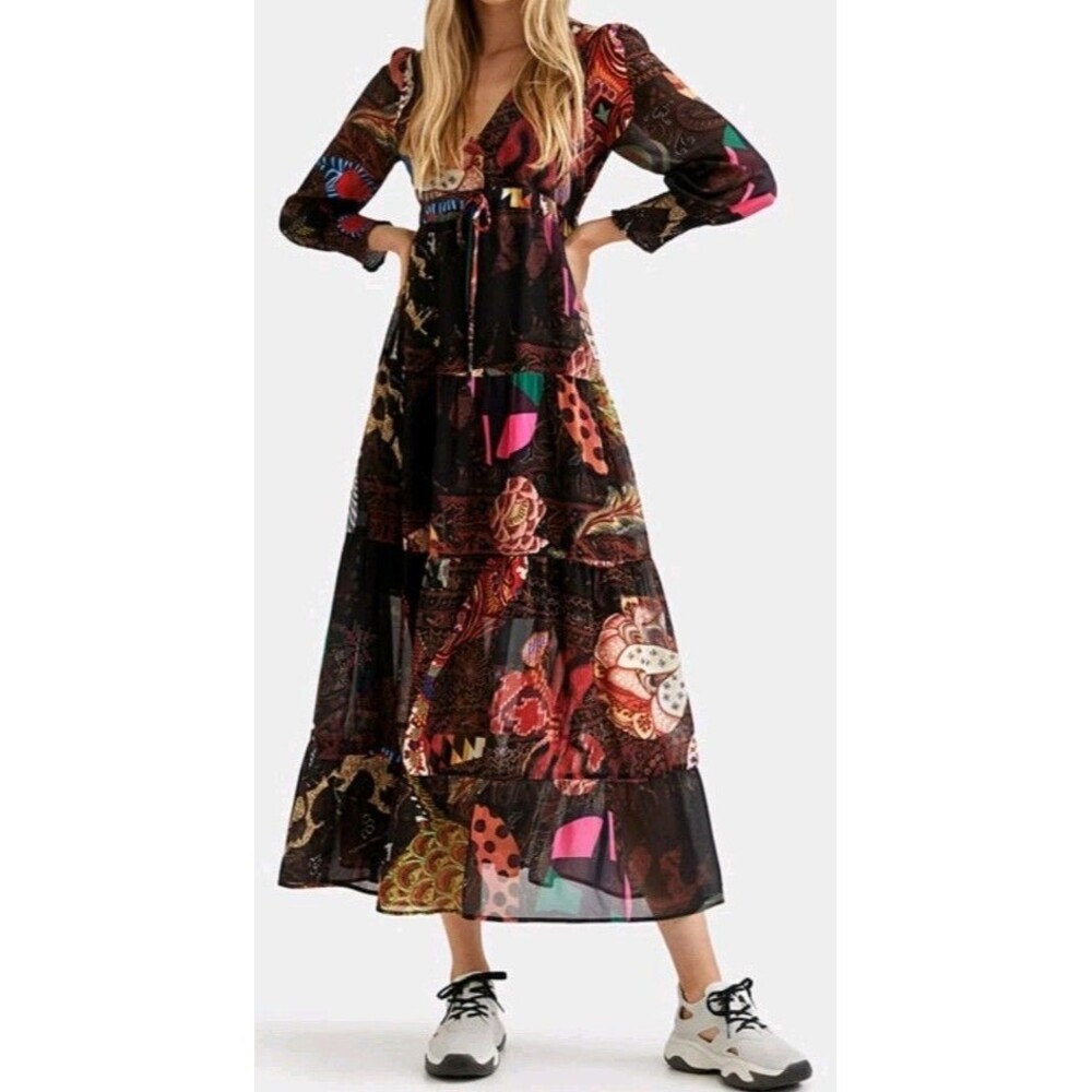 Desigual VIENA Floral Patchwork Maxi Dress Long Sleeve Boho Multicolor Size S